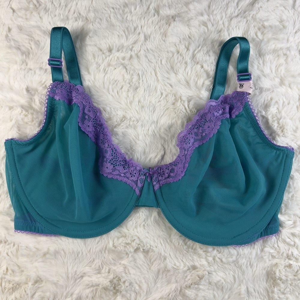 Victoria's Secret Tease Unlined Demi‎ Bra Teal Blue Mesh Purple Lace 36B NWT